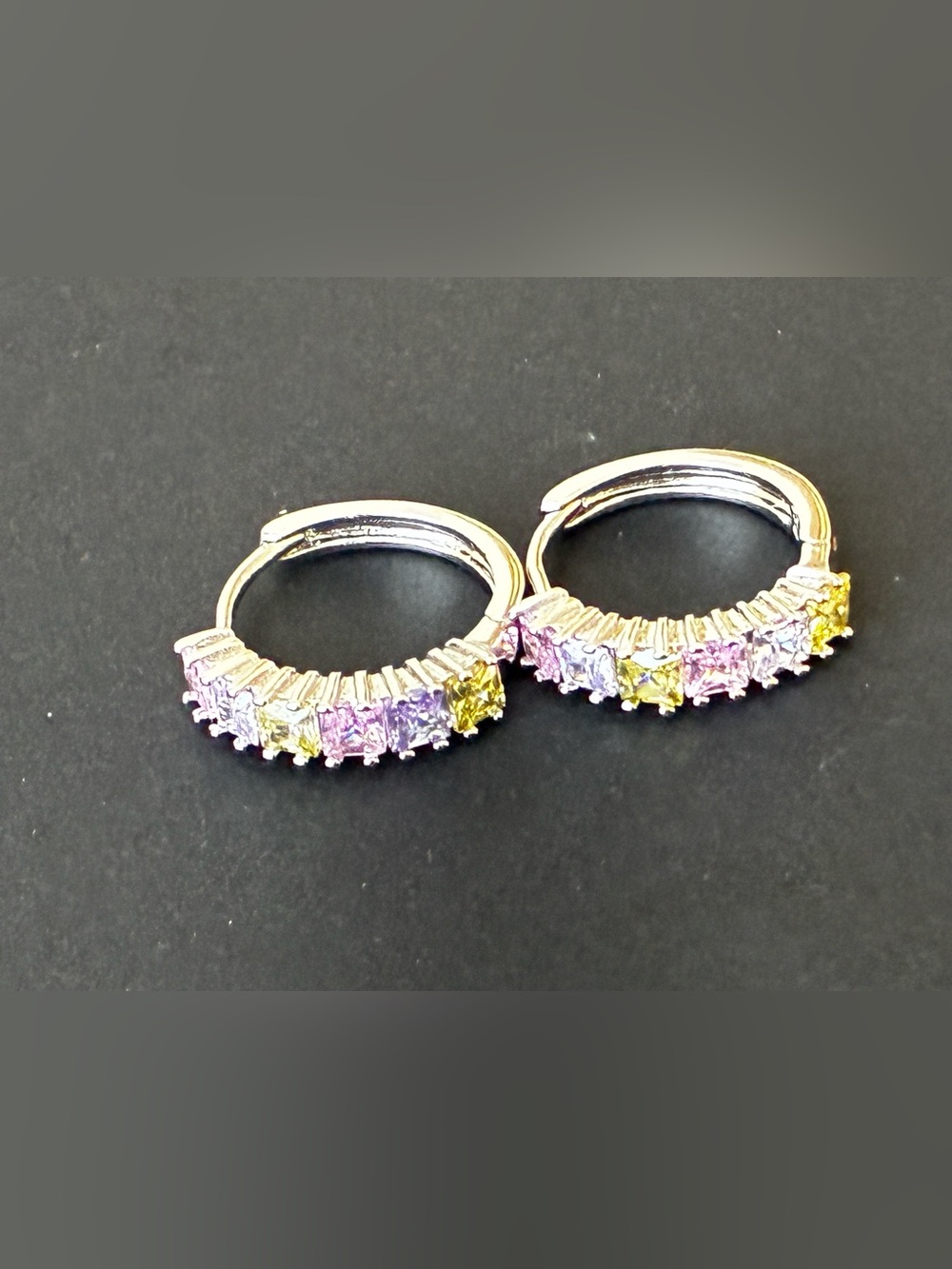 Silver Tone Hoop Earrings with Pink and Yellow Cubic Stones